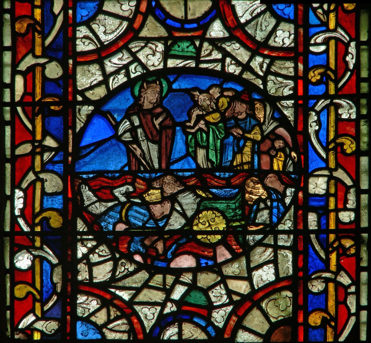 Ventana n.II representando a Moisés; el ejército del faraón se ahoga en el Mar Rojo de English School