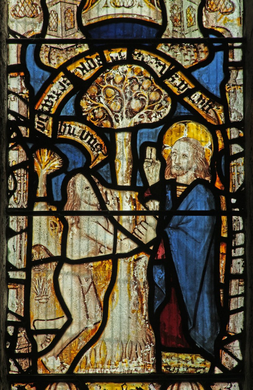 Ventana s1 que representa a Dios, Adán, el Árbol del Conocimiento de English School