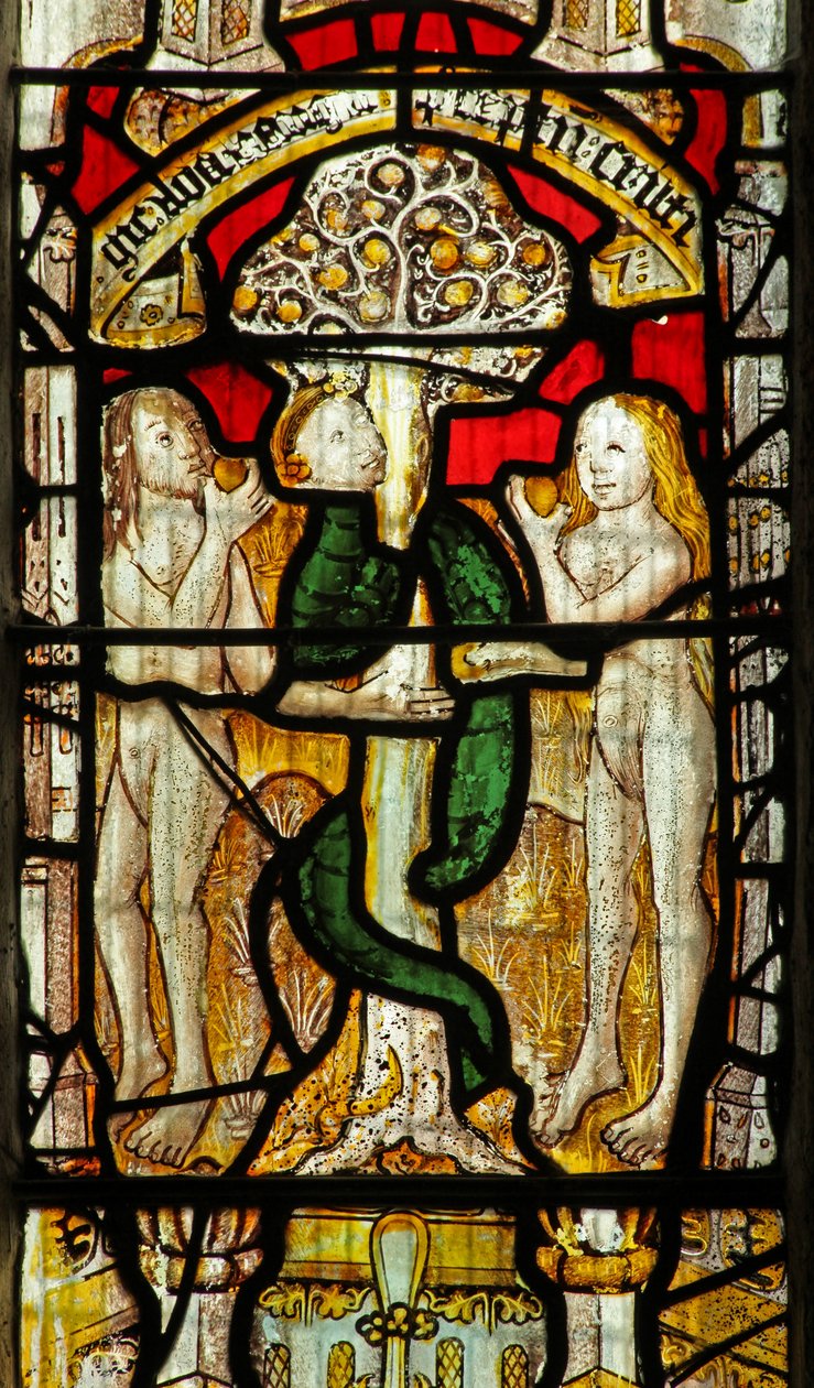 Ventana s1 que representa la historia de Adán y Eva: la Serpiente engaña de English School