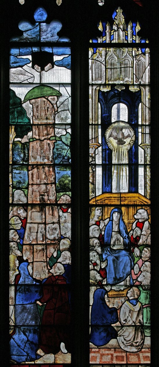 Ventana s5 que representa la Ascensión y Pentecostés de English School