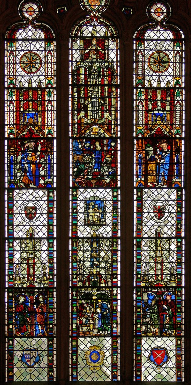 Ventana w31 que representa una ventana compuesta con San Edmundo, San Guillermo, San Jorge, Anunciación, Adoración de los Magos de English School