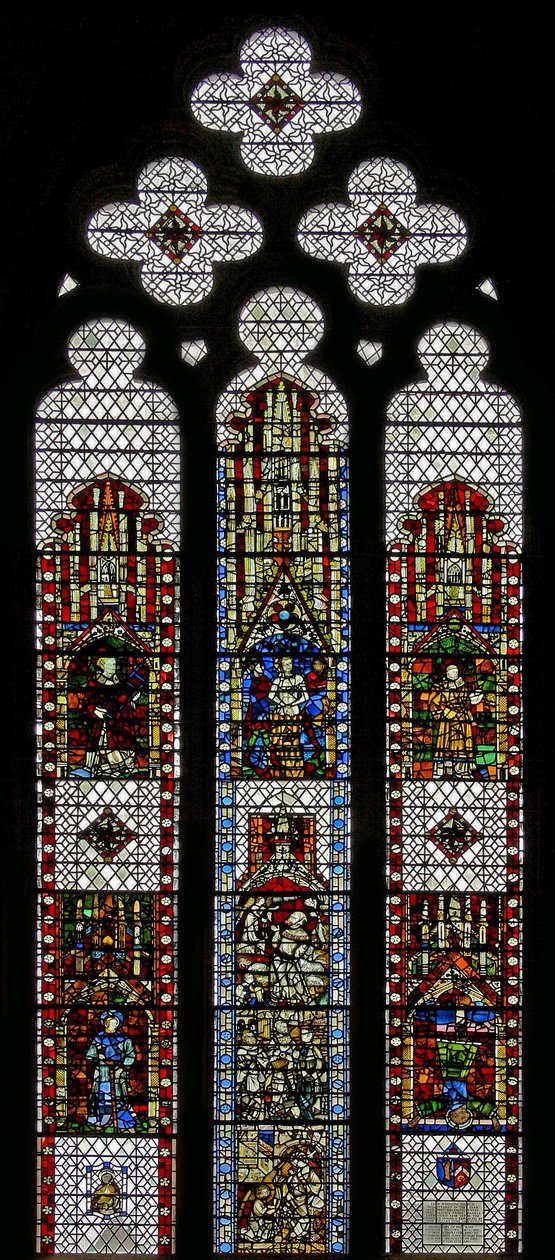 Ventana w32 que representa a San Jorge, San Lorenzo, San Esteban, San Cutberto, San Pedro, Santa Ana, San Joaquín de English School