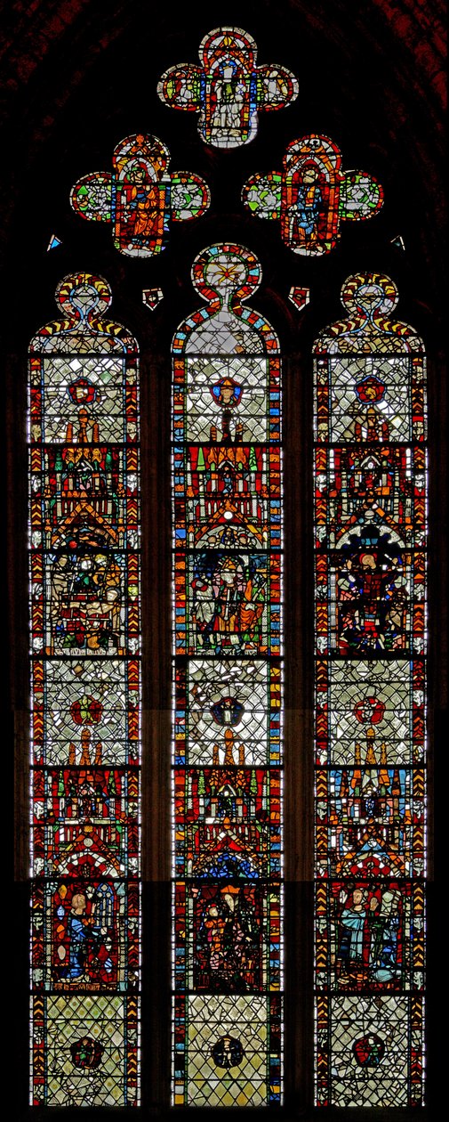 Ventana w39 que representa los martirios de San Lorenzo, San Dionisio y San Eleuterio de English School
