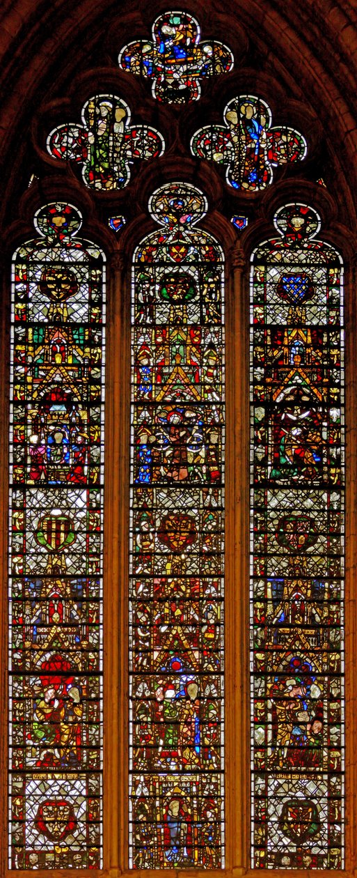Ventana w42 que representa la ventana de Peter de Dene con escenas de la Vida de Santa Catalina de English School