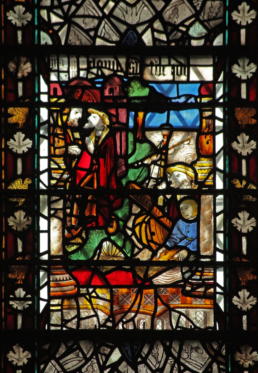 Ventana w58 que representa una escena de la historia de Santo Tomás Becket - una escena de desembarque de English School