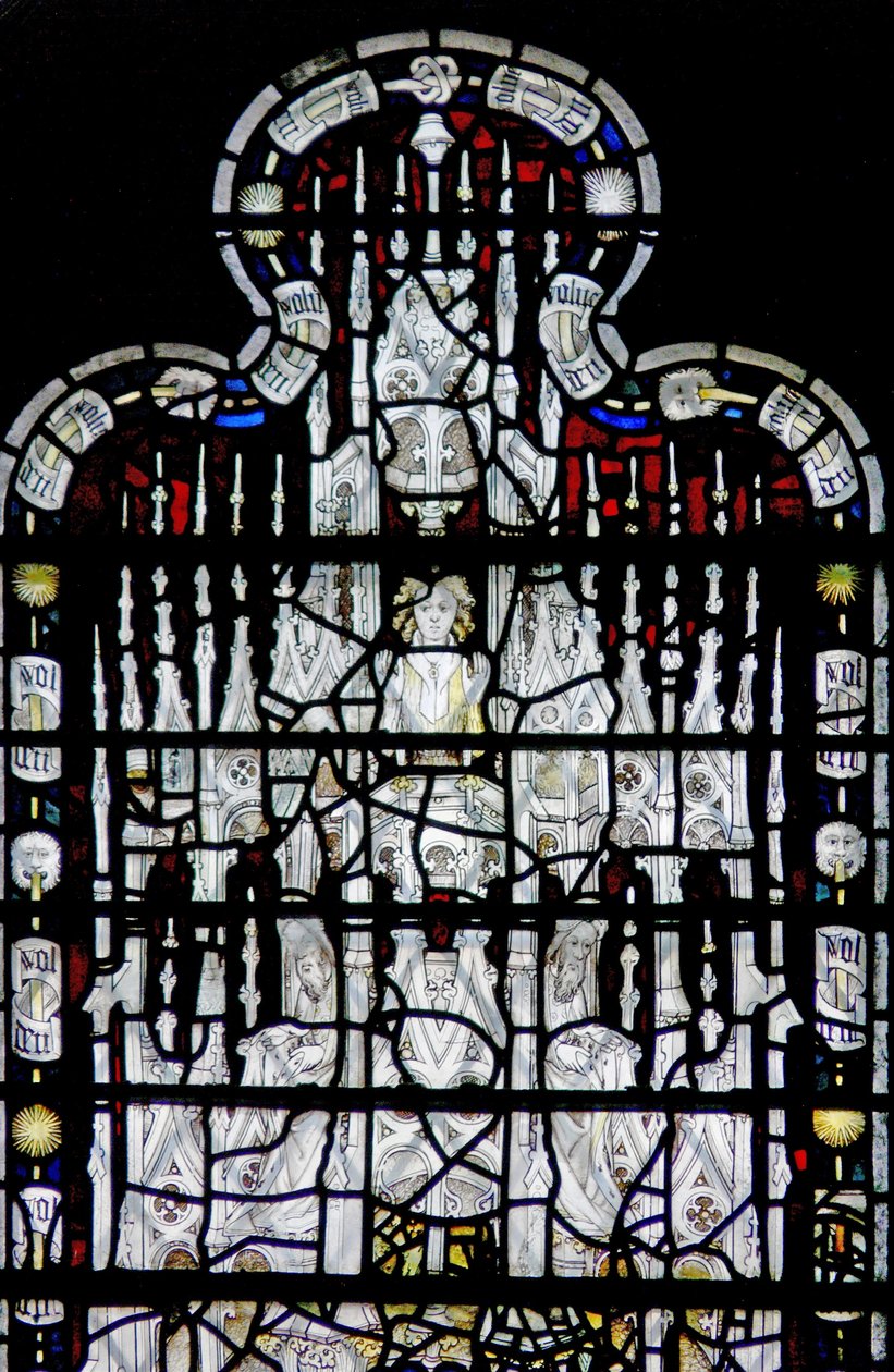 Ventana w6 que representa un dosel con figuras de English School