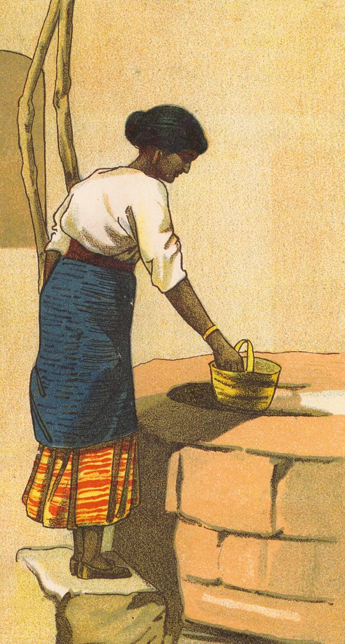Mujer sacando agua de un pozo en Sri Lanka (litografía en color) de English School