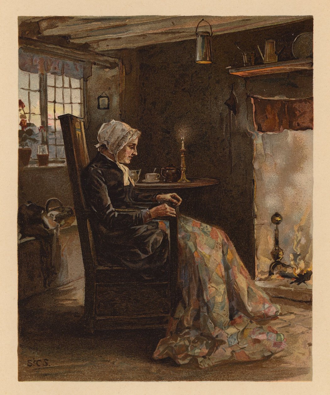 Mujer cosiendo una colcha de retazos (cromolito) de English School