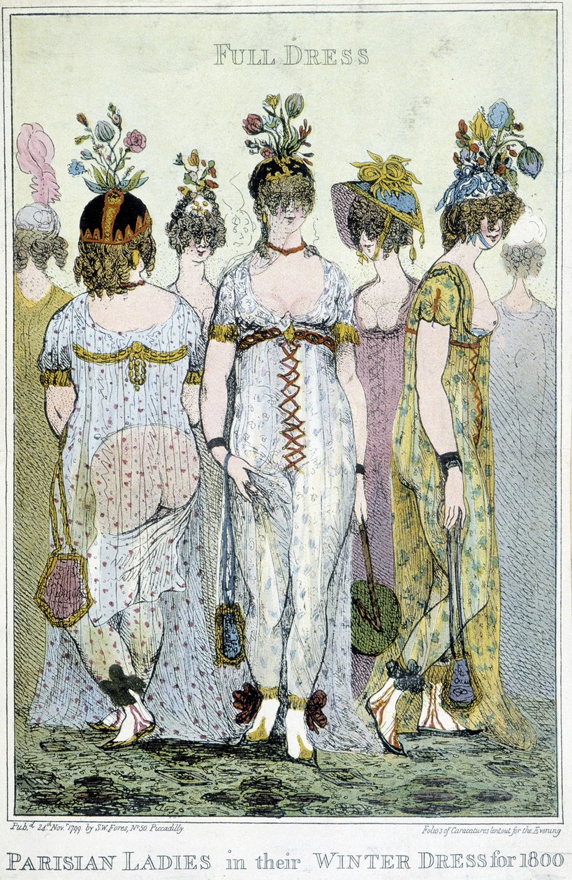 Maravilloso: mujeres parisinas con sus vestidos de invierno para 1800, caricatura inglesa. de English School