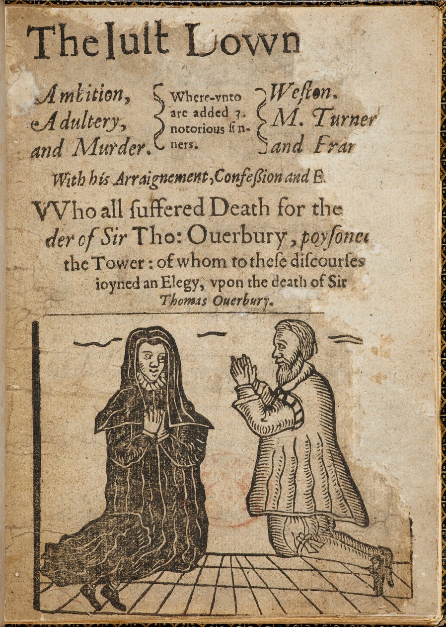 Grabado en madera sobre el asesinato de Sir Thomas Overbury.
Sir Thomas Overbury fue un poeta y ensayista inglés, también conocido por ser víctima de un asesinato que dio lugar a un escandaloso juicio. de English School