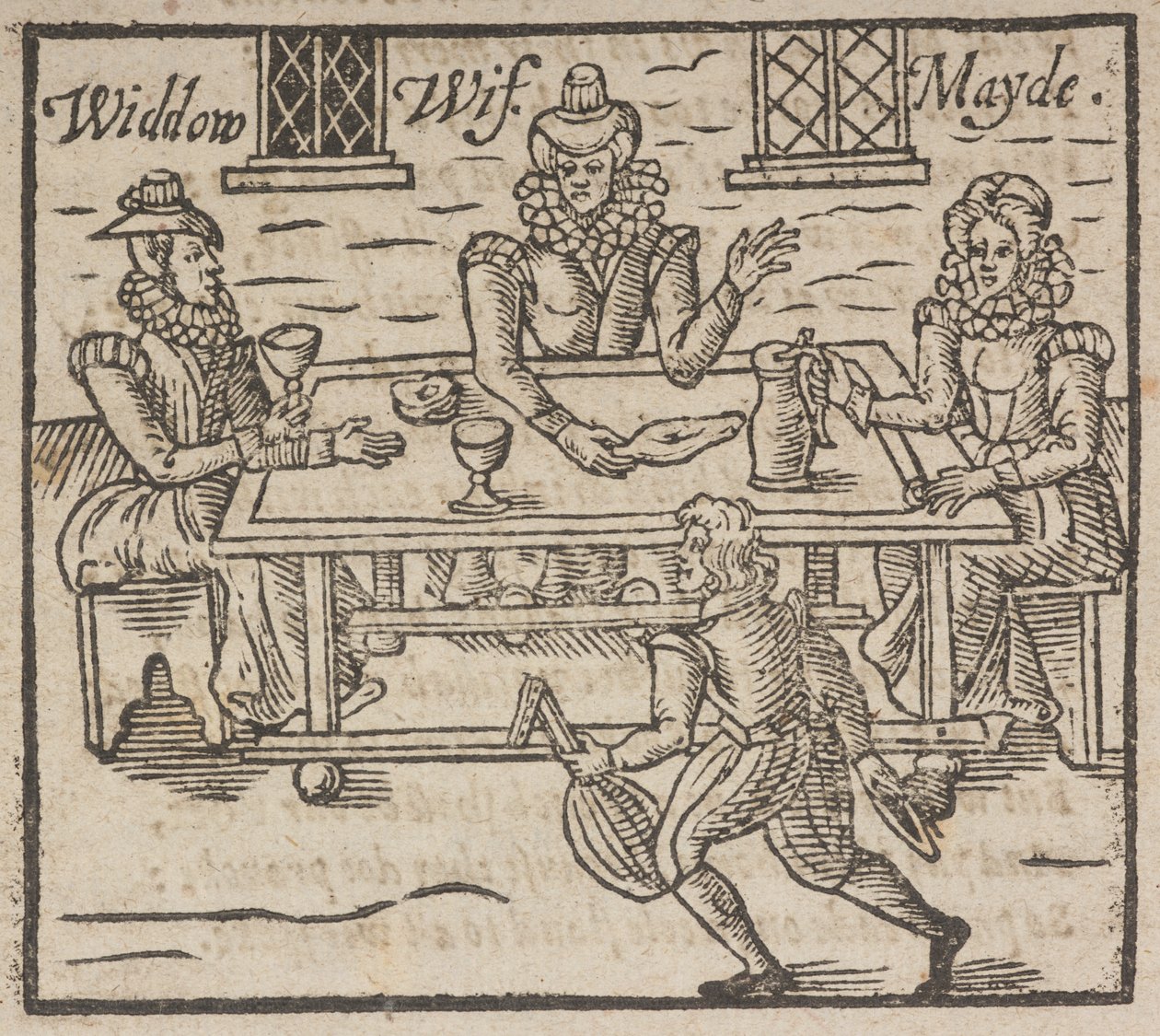 Xilografía que muestra a mujeres sentadas alrededor de una mesa, Una viuda, esposa y doncella de English School