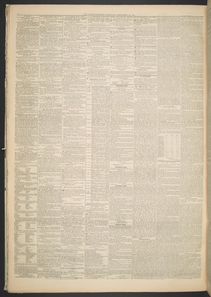 Worcestershire Chronicle, 20 de septiembre de 1871 (papel de periódico) de English School