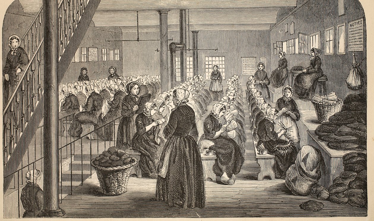 Sala de trabajo, en el sistema silencioso, en la Casa de Corrección, Tothill Fields, ilustración de Las prisiones criminales de Londres y escenas de la vida en prisión de Henry Mayhew y John Binny, pub. 1862 de English School