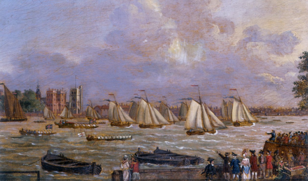 Yates de la Flota de Cumberland compitiendo frente al Palacio de Lambeth, 1775 de English School
