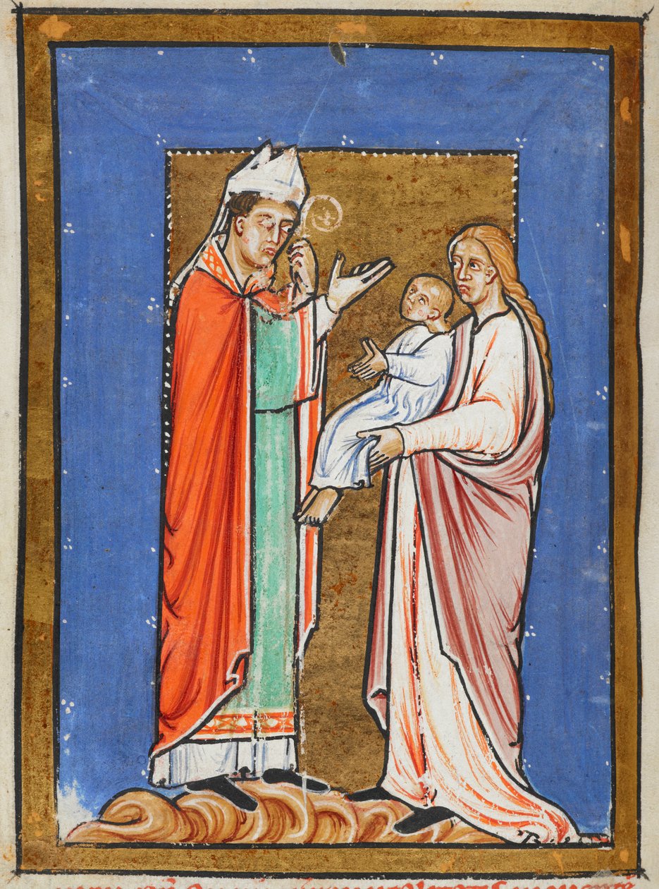 Yates Thompson 26 f.62v San Cuthbert curando a un niño con la peste, ilustración de la "Vida en prosa de San Cuthbert", de Bede (vitela) de English School
