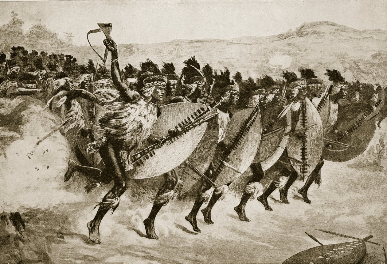 Zulúes avanzando para atacar en la colina de Kambula, 29 de marzo de 1879 de English School