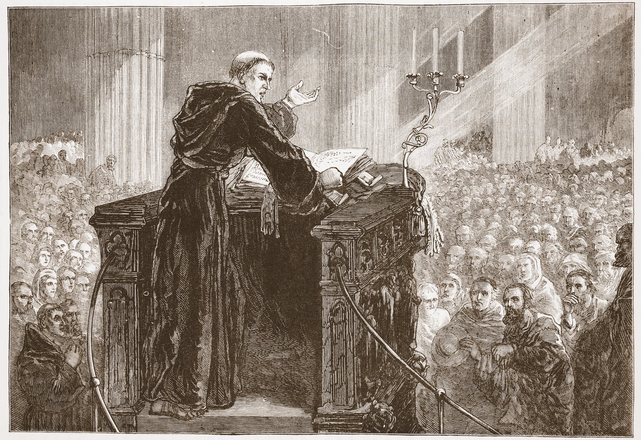 Zwingle predicando en la Catedral de Zúrich, ilustración de La Historia del Protestantismo de James Aitken Wylie, pub. 1878 de English School