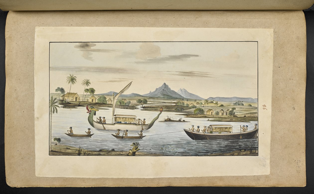 f.75 (lámina 86) Escena fluvial en Java con botes, incluido un bote con cabeza de dragón de English School