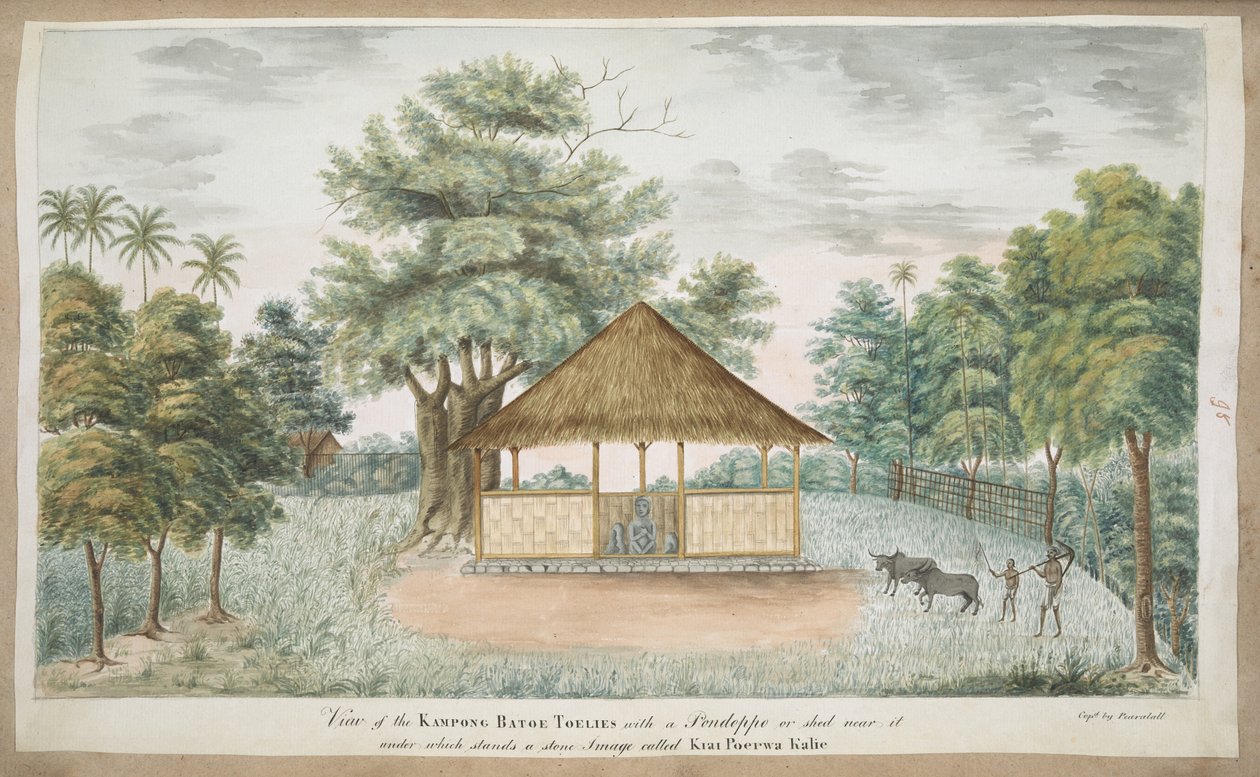 f.84 (95) La estatua de Kiay Poerwakali en un cobertizo con techo de paja en las afueras del pueblo de Batu Tulis (Oeste de Java). Inscrito en tinta en el frente: Vista de Kampong Batoe Toelies con un Pondoppo o cobertizo cerca de él debajo del cual se enc de English School