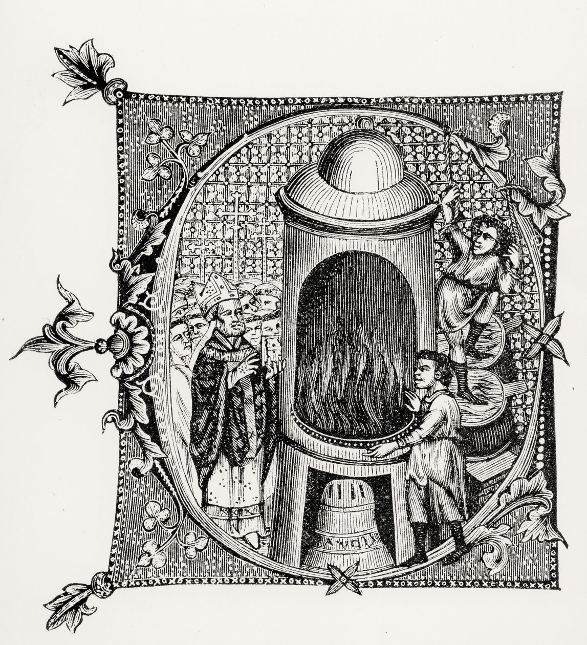 Inicial historiada C de Divinorum Officiorum por William Durand, ilustración de Ciencia y Literatura en la Edad Media y el Renacimiento, escrito y grabado por Paul Lacroix, 1878 de English School English School