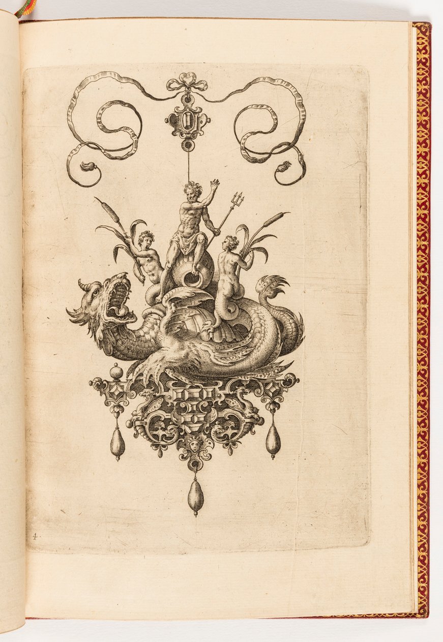 Impresión, Placa 4, de Bullarum Inaurium etc. Archetypi Artificiosi Pars Altera (Pendientes, Aretes, etc. Diseños de la Naturaleza Más Hábil, Parte Dos) de Engraved by Adriaen Collaert