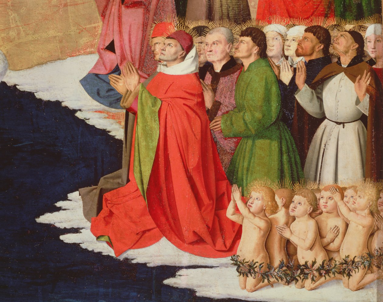 Clérigos y niños (detalle de la Coronación de la Virgen, 1453-54) de Enguerrand Quarton