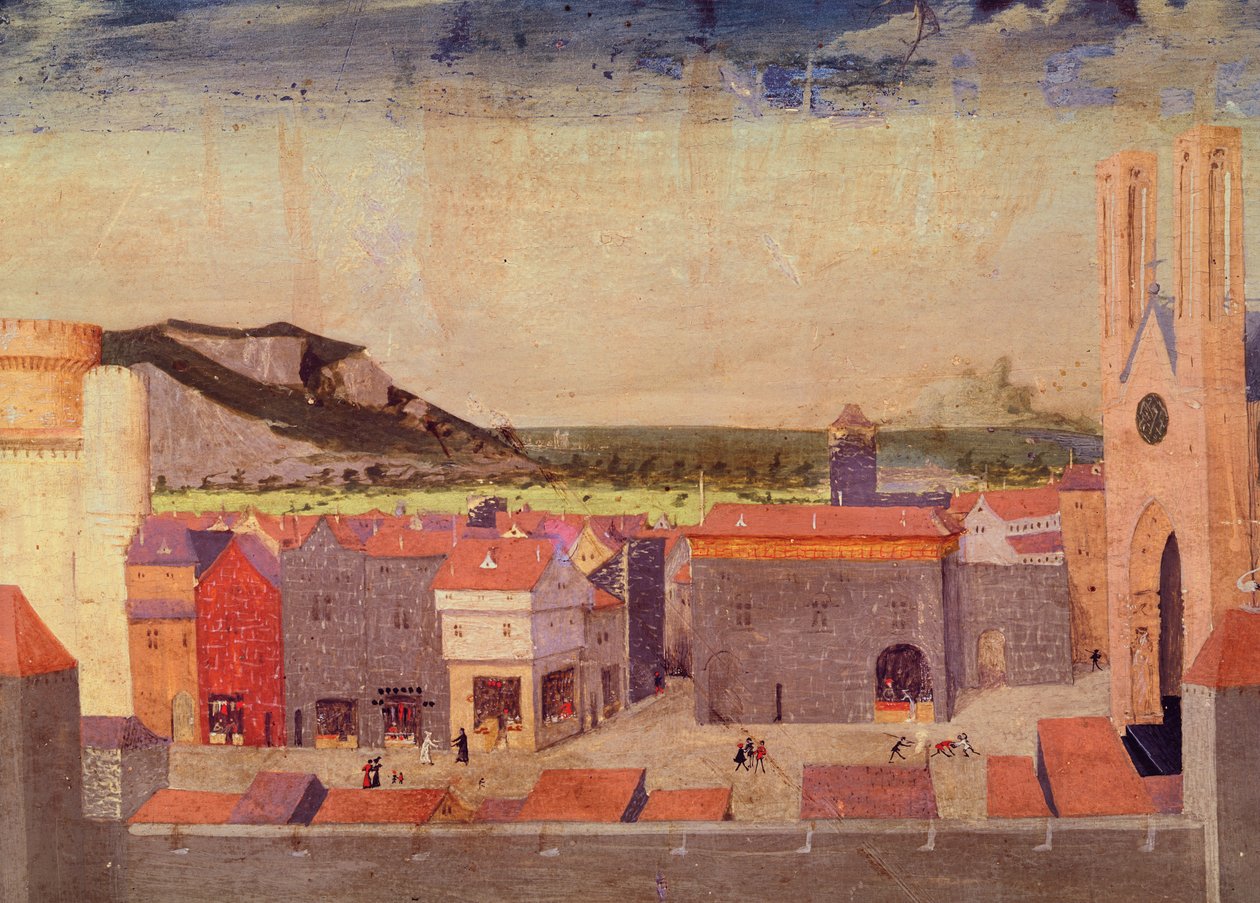 La Cartuja del Valle de la Bendición, la plaza pública, (detalle) de la Coronación de la Virgen, 1453-54 de Enguerrand Quarton