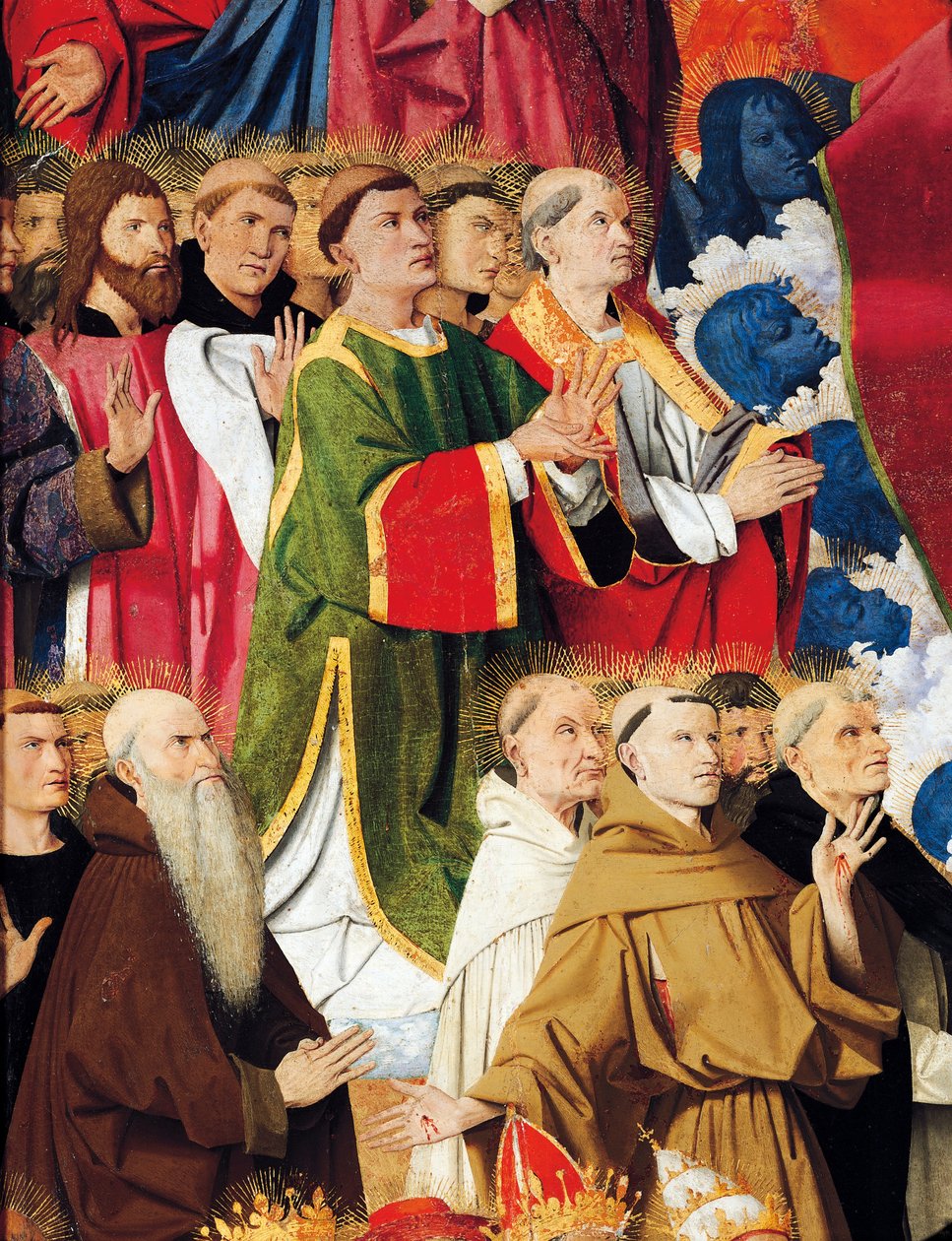 Órdenes religiosas y clero, detalle del Retablo de la Coronación de la Virgen de Enguerrand Quarton (hacia 1410-1466), temple sobre tabla de Enguerrand Quarton