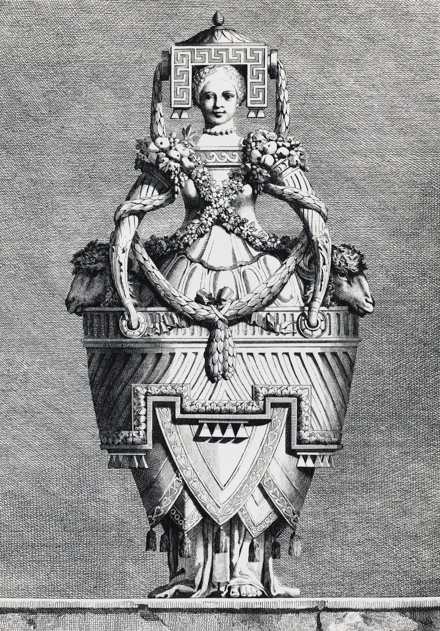 Jarrón antropomórfico, novia griega, grabado por Ennemond-Alexandre Petitot (1727-1801) de Mascarade la Grecque, Suite des Vases y Cheminees, Parma de Ennemond Alexandre (after) Petitot