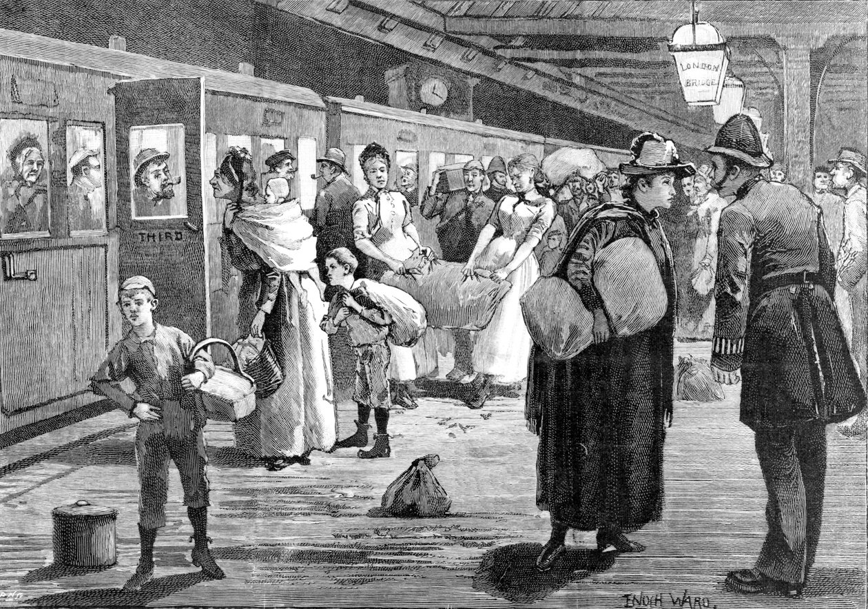 Recolectores de lúpulo partiendo de la estación de tren de London Bridge a medianoche, 1891 de Enoch Ward