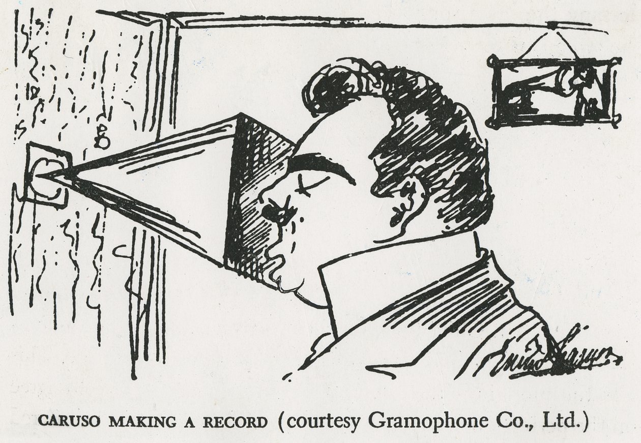 Caruso haciendo su primera grabación de gramófono (dibujo) de Enrico Caruso