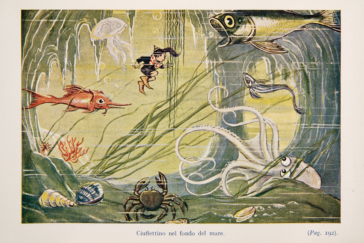 Ciuffettino en el fondo del mar, ilustración de Le Avventure di Ciuffettino de Enrico de Conti Novelli