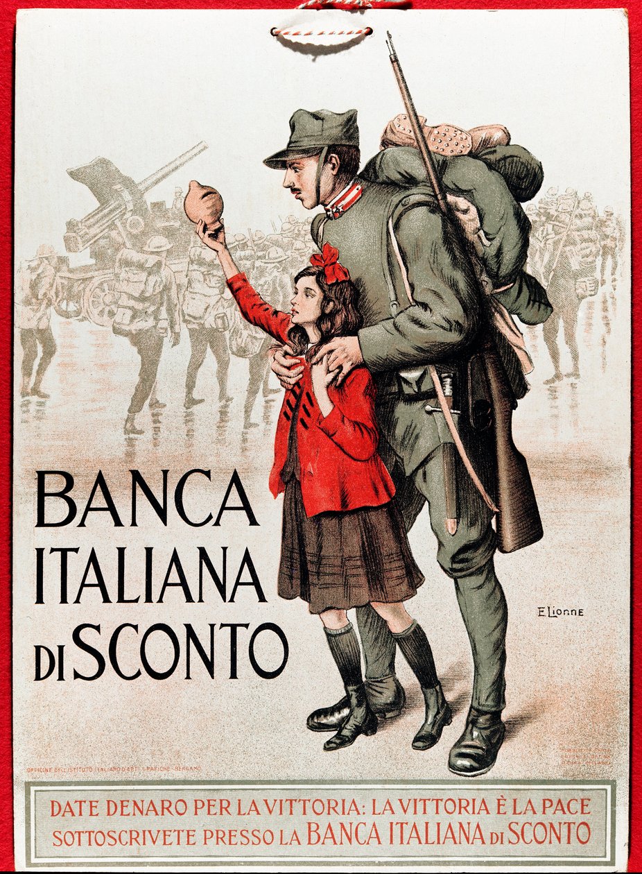Primera Guerra Mundial: cartel italiano alentando un préstamo nacional representando a un soldado con una niña ofreciendo su lira - Ilustración de Enrico della Leonessa (1875-1921) de Enrico della Lionne