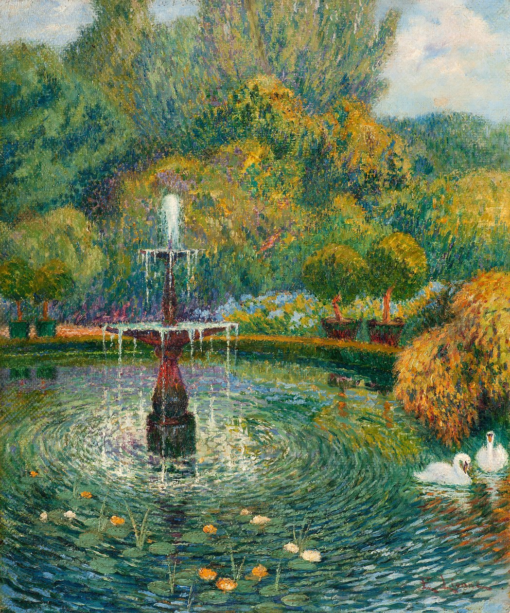 Fuente en un jardín (óleo sobre lienzo)