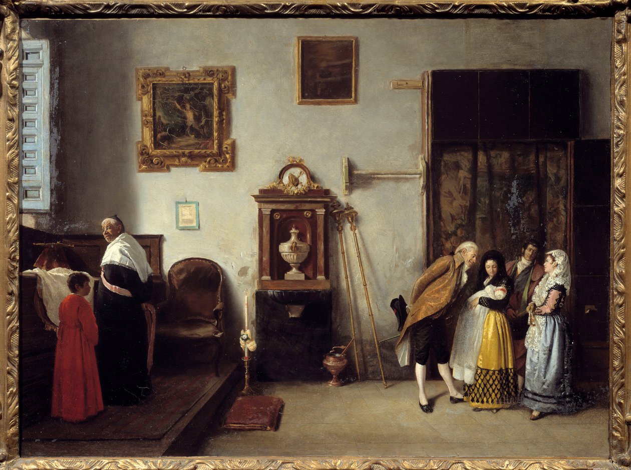 Una misa de relevailles en España. El sacerdote viene a dar la bendición al recién nacido y a la madre que sale del parto (1872) de Enrique Melida