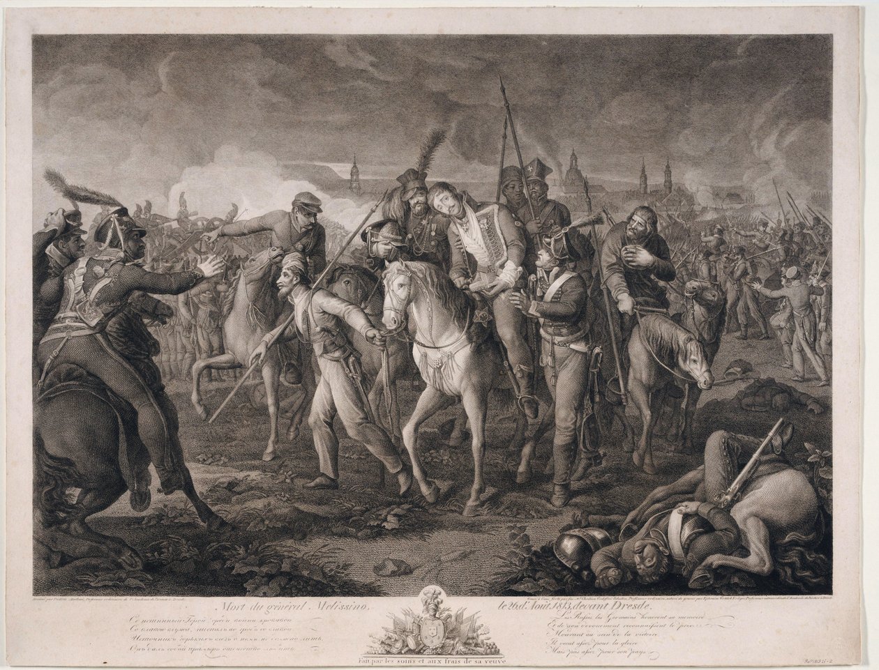 Mort du General Alexis Melissin (1759-1813) a Dresde, en 1813 - Muerte del General Aleksey Melissino el 26 de agosto de 1813 - Krueger, Ephraim Gottlieb (1756-1834) - 1813 - Aguafuerte - 68,4x88,8 - Colección privada de Ephraim Gottlieb Krüger