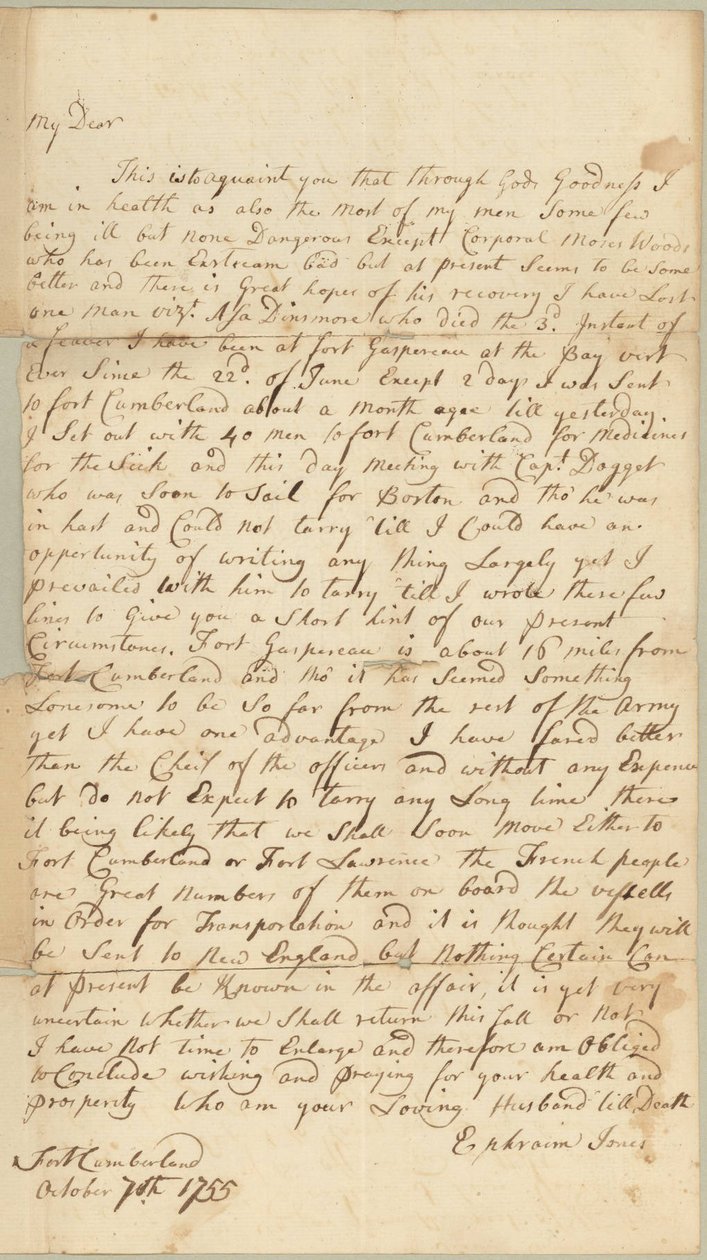Carta a Allice Jones, Concord, Massachusetts, 7 de octubre de 1755 (pluma y tinta sobre papel) de Ephraim Jones