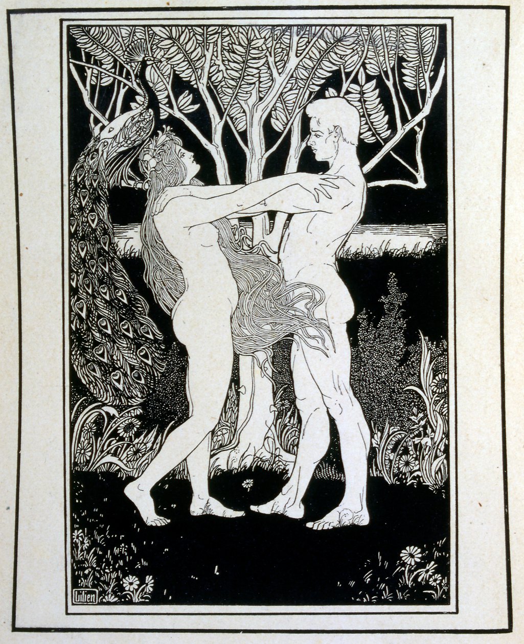 Adán y Eva (inocencia), del libro Judah ilustrado por Ephraim Moses Lilien (1874-1925). Lilien es considerado el padre de la iconografía sionista, creado en el estilo Jugendstil (art nouveau alemán). Ilustró 