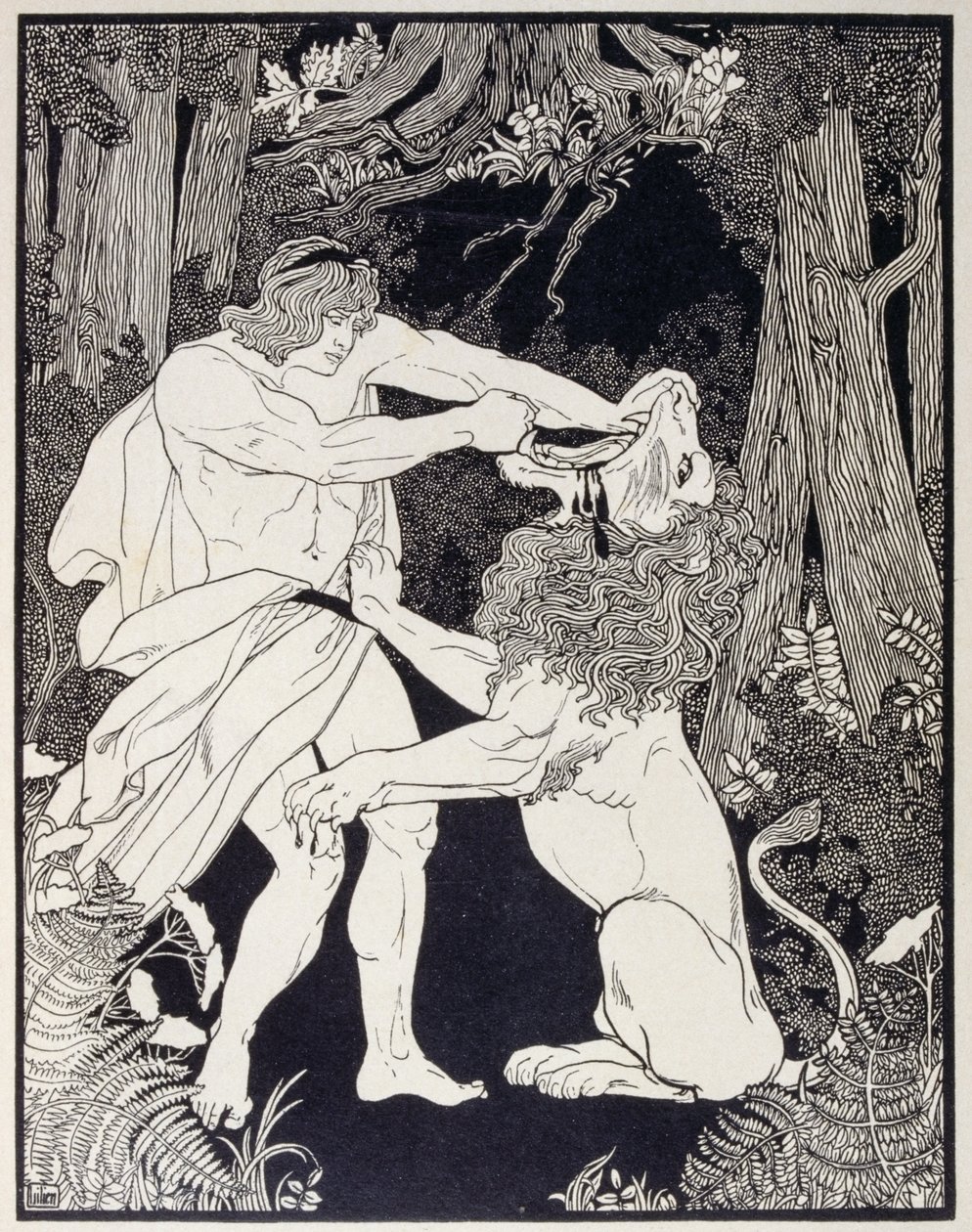 Dibujo de Sansón luchando contra un león (grabado) de Ephraim Moses Lilien