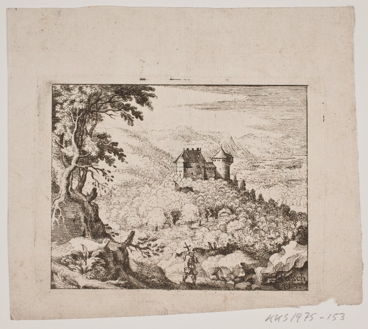 Paisaje montañoso con un castillo y un caminante de Erasmus Sigismund Resch