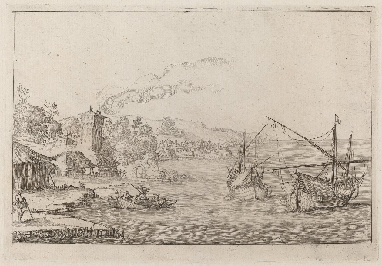 Paisaje costero con barcos anclados de Ercole Bazicaluva