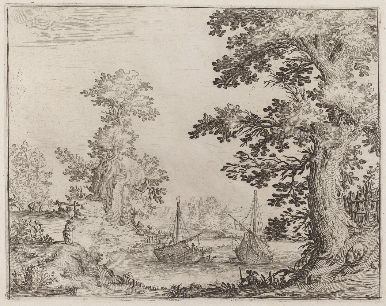 Paisaje y Río con Barcos Anclados de Ercole Bazicaluva