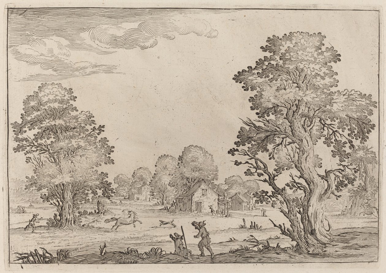 Paisaje con caballos desbocados de Ercole Bazicaluva