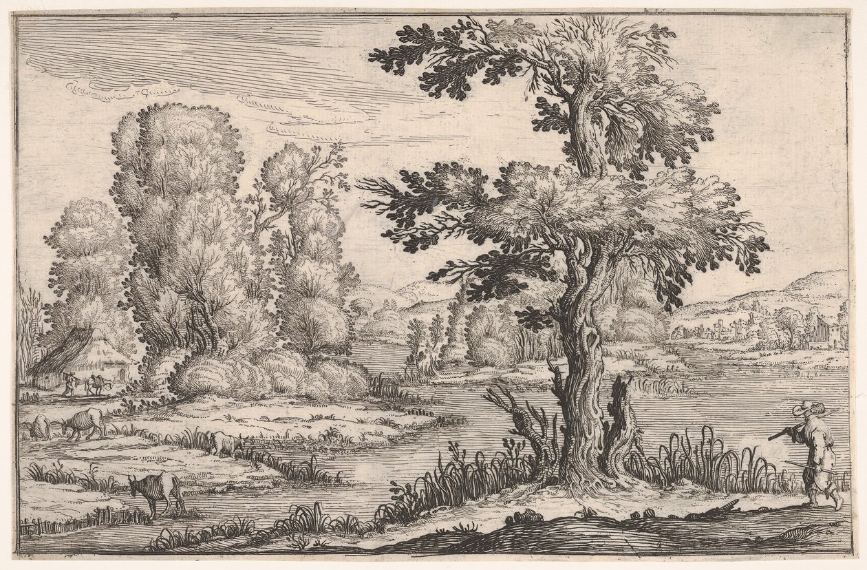 Paisaje con cabras pastando cerca de un río y una figura en primer plano a la derecha, de una serie, 1638 de Ercole Bazicaluva