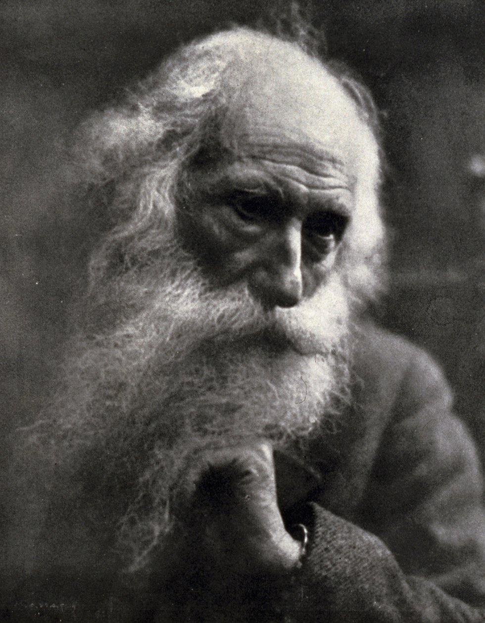 Primer plano del famoso escultor Vincenzo Gemito. El anciano artista acaricia su espesa barba blanca de Ercole Massaglia