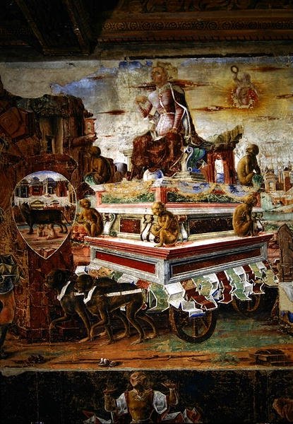 (detalle) del carro de Maia, de Septiembre: El triunfo de Vulcano, de la Sala de los Meses, 1467-70 de Ercole de Roberti