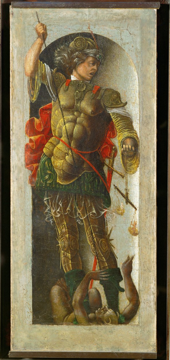San Miguel, columna de un altar para San Vicente Ferrier, pintado para Bolonia por Francesco Cossa ... de Ercole de Roberti