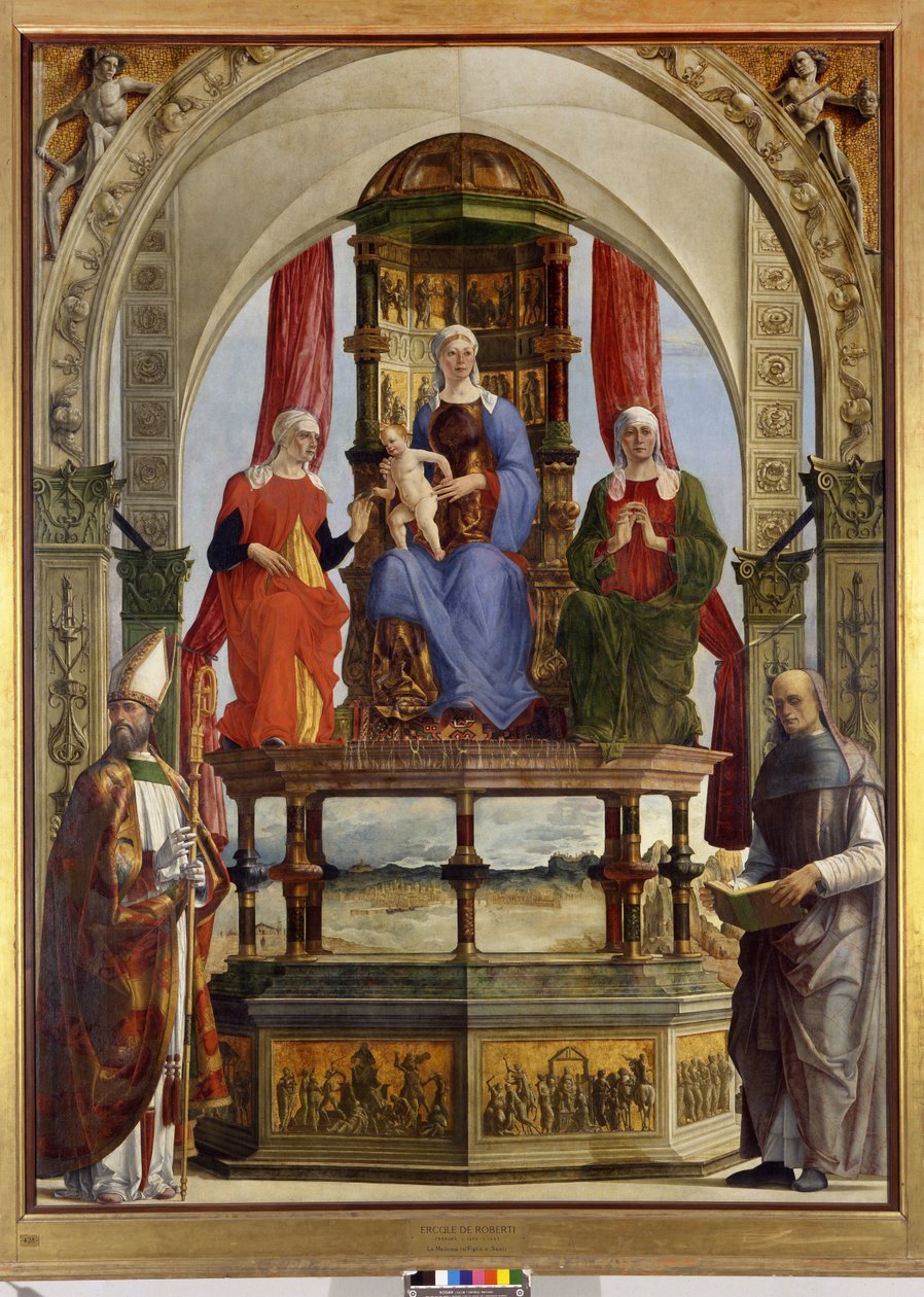 Virgen entronizada con el Niño, Santa Ana, Santa Isabel, San Agustín y el Beato Pietro degli Onesti de Ercole de Roberti