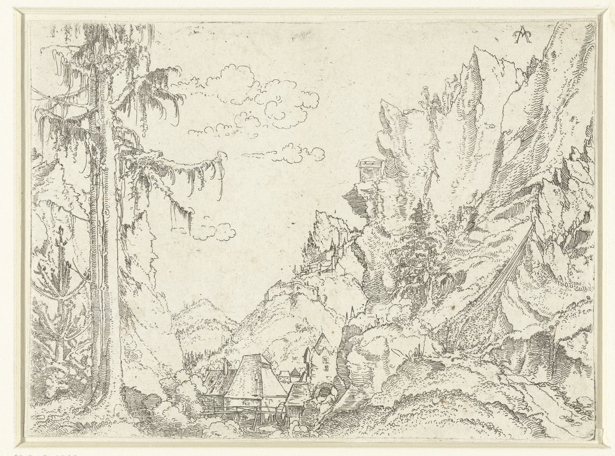 Paisaje con un pueblo en un valle rocoso de Erhard Altdorfer