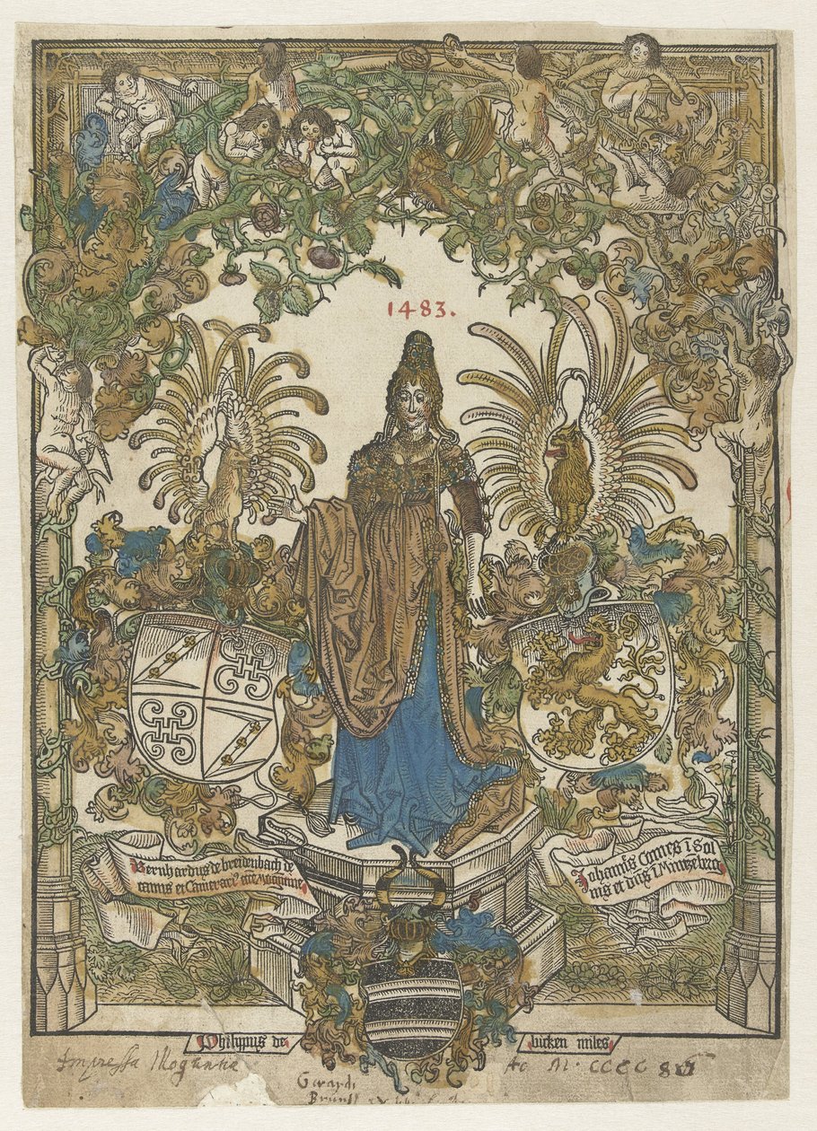 Frontispicios con una mujer sobre un pedestal con armas de Bernhard von Breydenbach y Johannes Comes in a frame de Erhard Reuwich